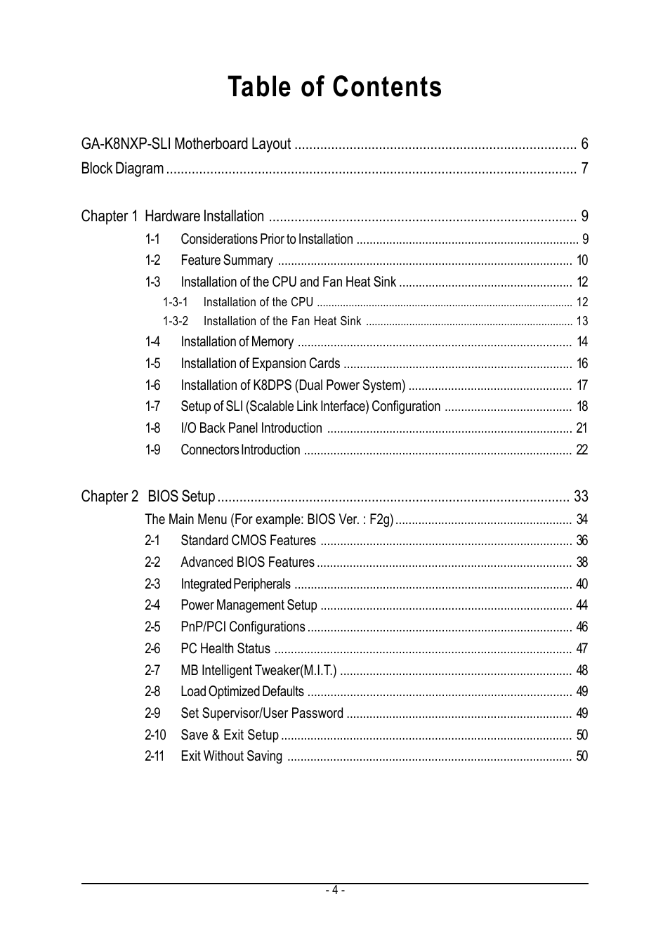 GIGABYTE AMD Socket 939 Processor Motherboard GA-K8NXP-SLI User Manual | Page 4 / 88