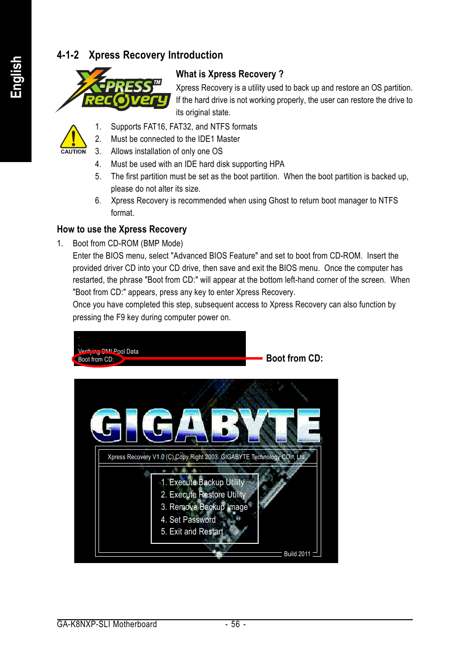 English, 1-2 xpress recovery introduction | GIGABYTE AMD Socket 939 Processor Motherboard GA-K8NXP-SLI User Manual | Page 56 / 88