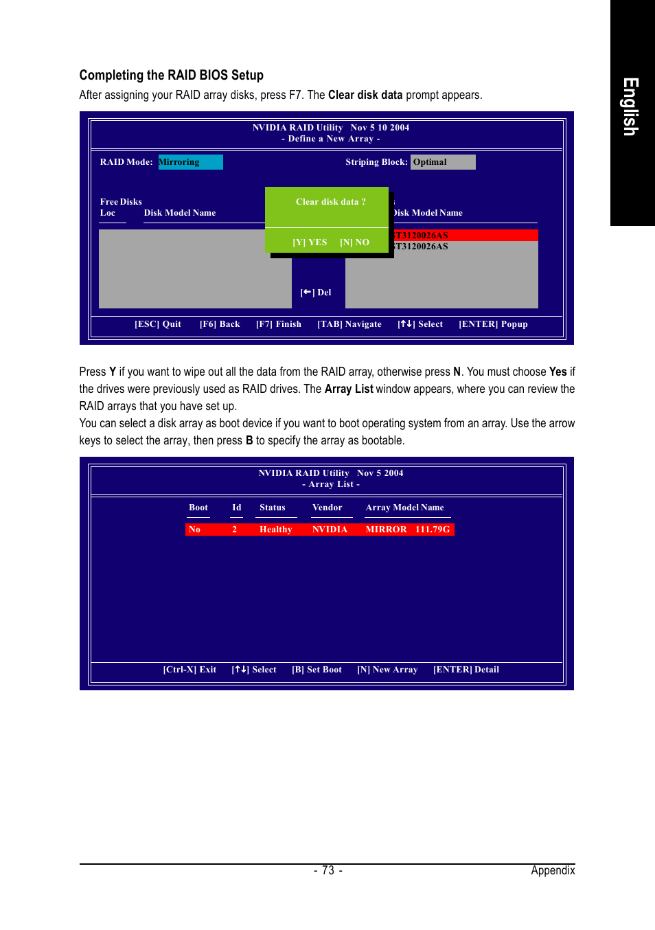 English, Completing the raid bios setup, Appendix - 73 | GIGABYTE AMD Socket 939 Processor Motherboard GA-K8NXP-SLI User Manual | Page 73 / 88