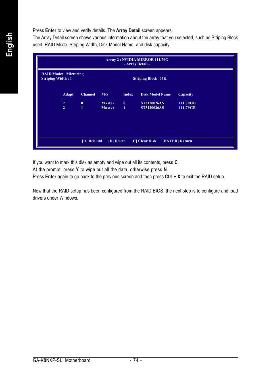 English, Ga-k8nxp-sli motherboard - 74 | GIGABYTE AMD Socket 939 Processor Motherboard GA-K8NXP-SLI User Manual | Page 74 / 88