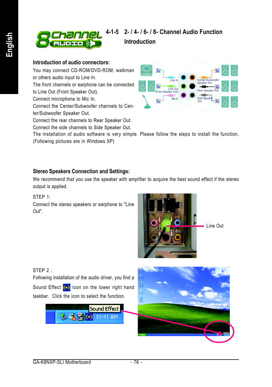 English, Stereo speakers connection and settings, Introduction of audio connectors | GIGABYTE AMD Socket 939 Processor Motherboard GA-K8NXP-SLI User Manual | Page 76 / 88