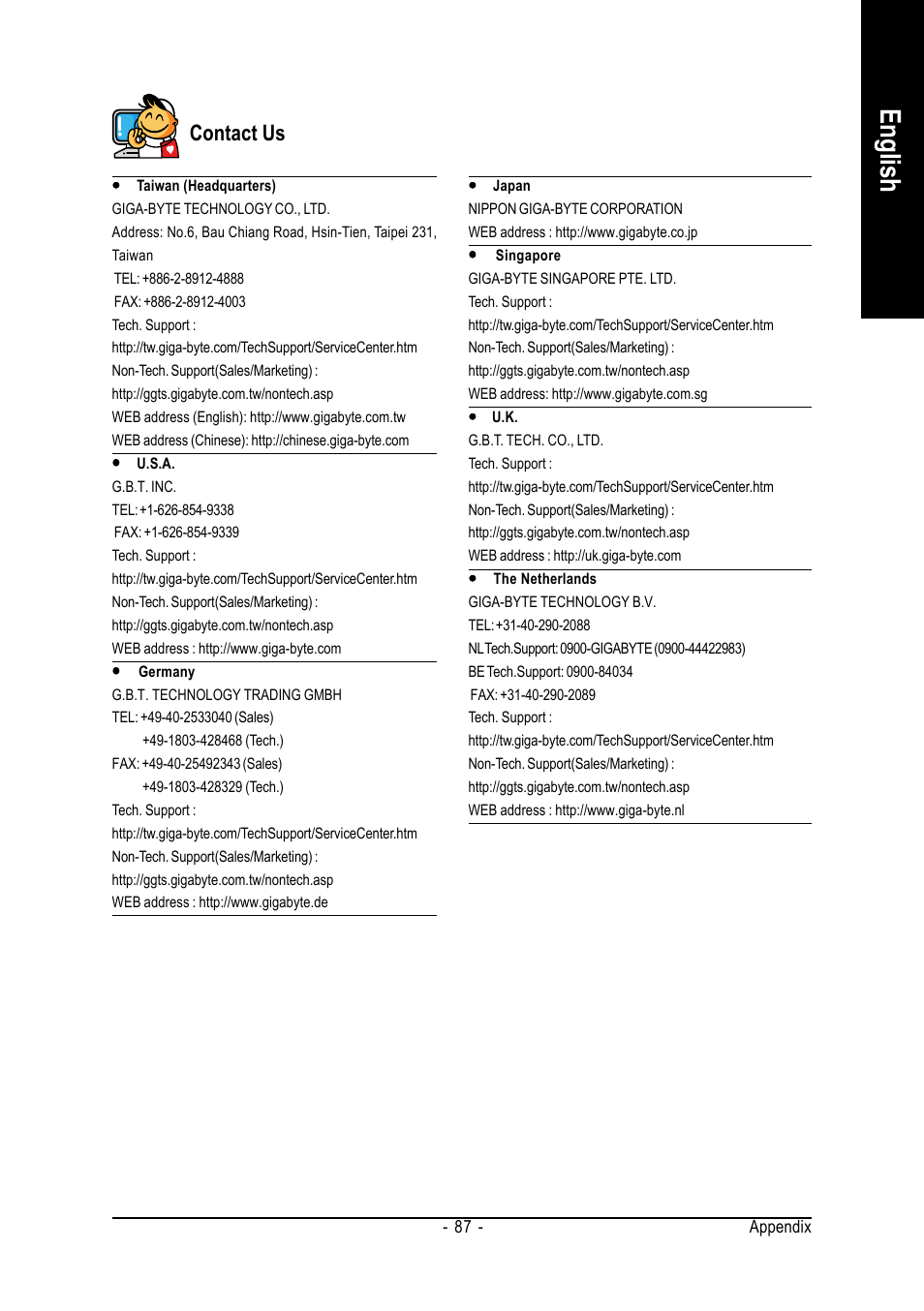 English, Contact us | GIGABYTE AMD Socket 939 Processor Motherboard GA-K8NXP-SLI User Manual | Page 87 / 88
