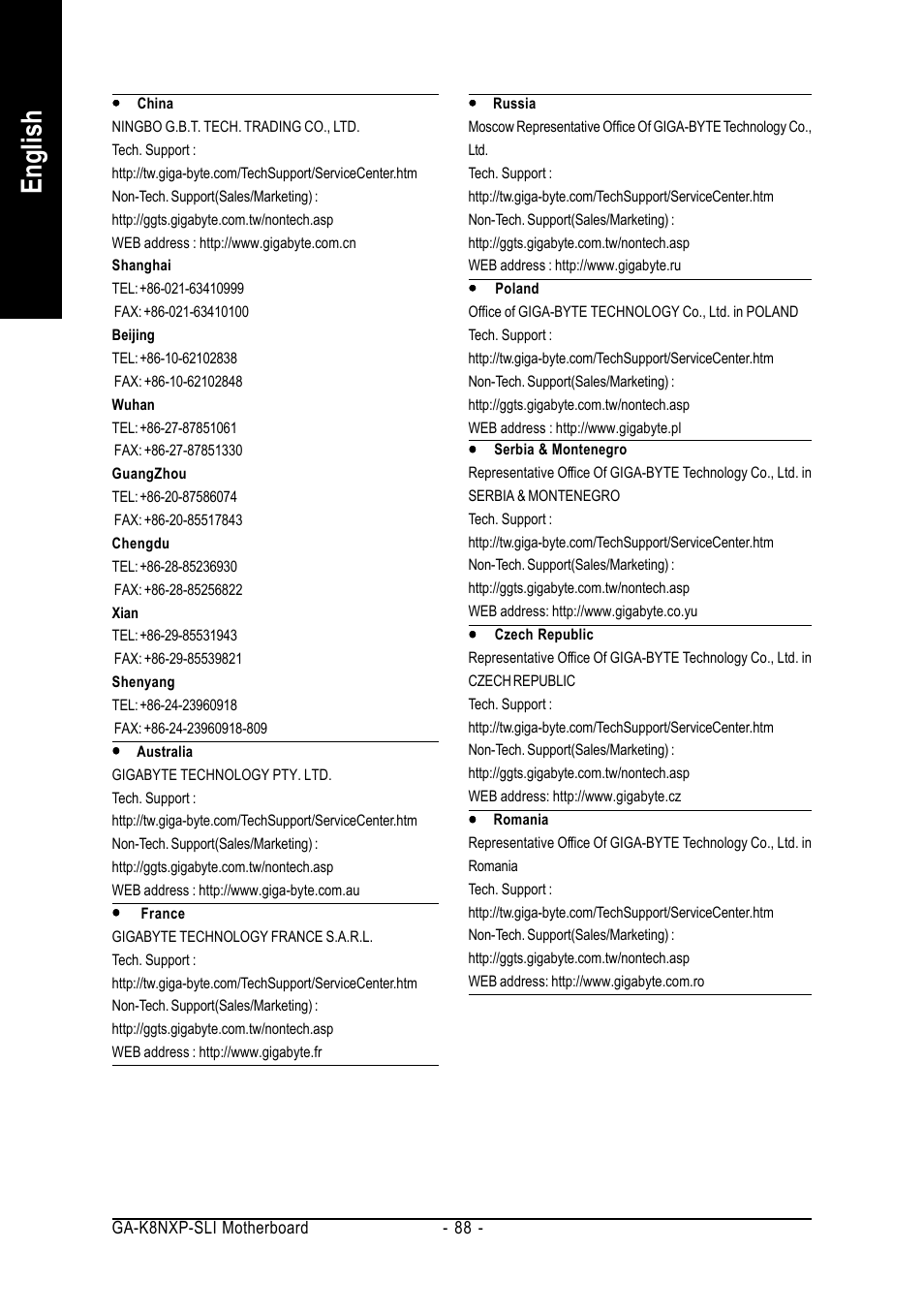 English | GIGABYTE AMD Socket 939 Processor Motherboard GA-K8NXP-SLI User Manual | Page 88 / 88