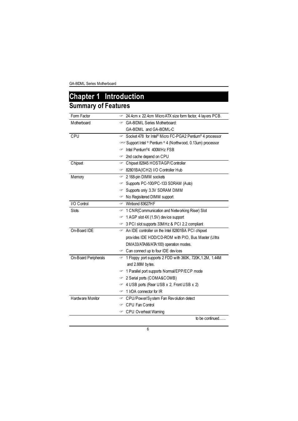Chapter 1 introduction, Summary of features | GIGABYTE GA-8IDML User Manual | Page 10 / 67