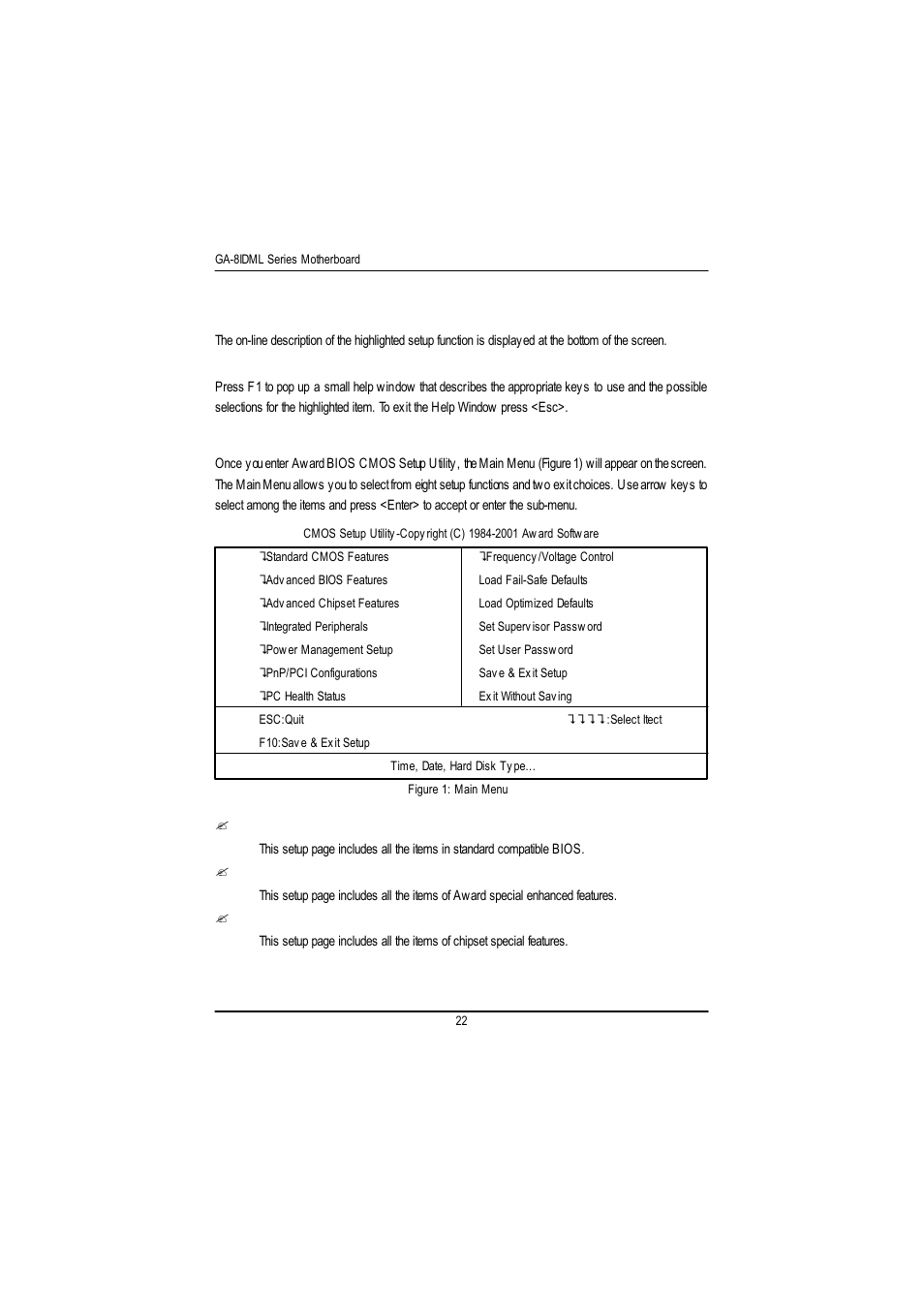 The main menu (for example: bios ver. :f1) | GIGABYTE GA-8IDML User Manual | Page 26 / 67