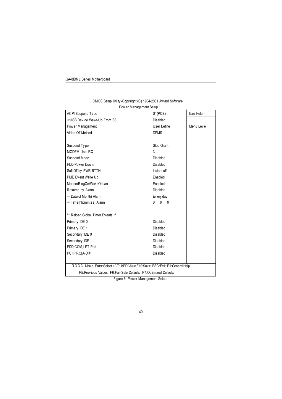 Power management setup | GIGABYTE GA-8IDML User Manual | Page 44 / 67