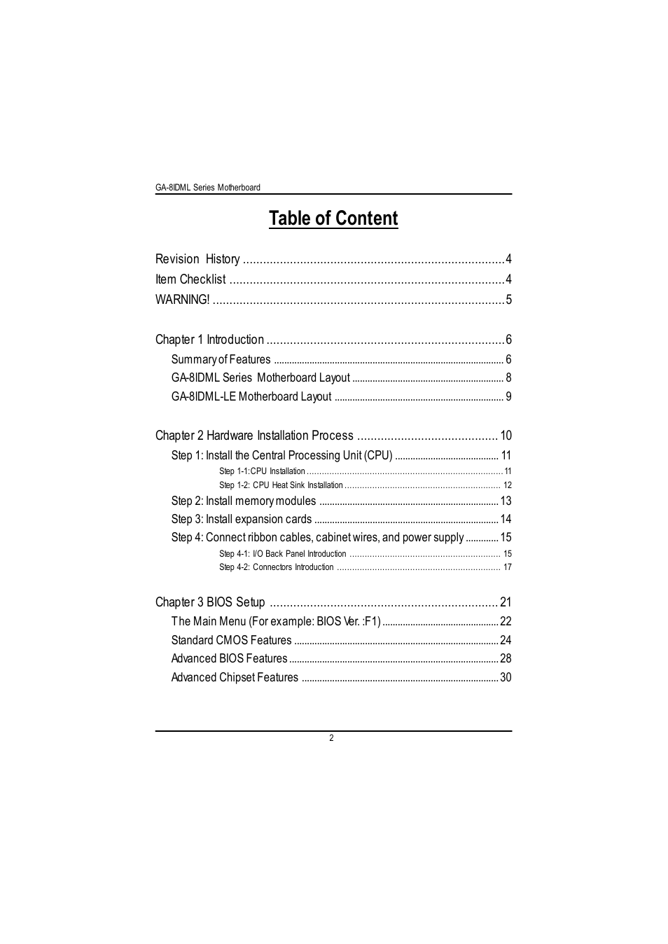 Table of content | GIGABYTE GA-8IDML User Manual | Page 6 / 67