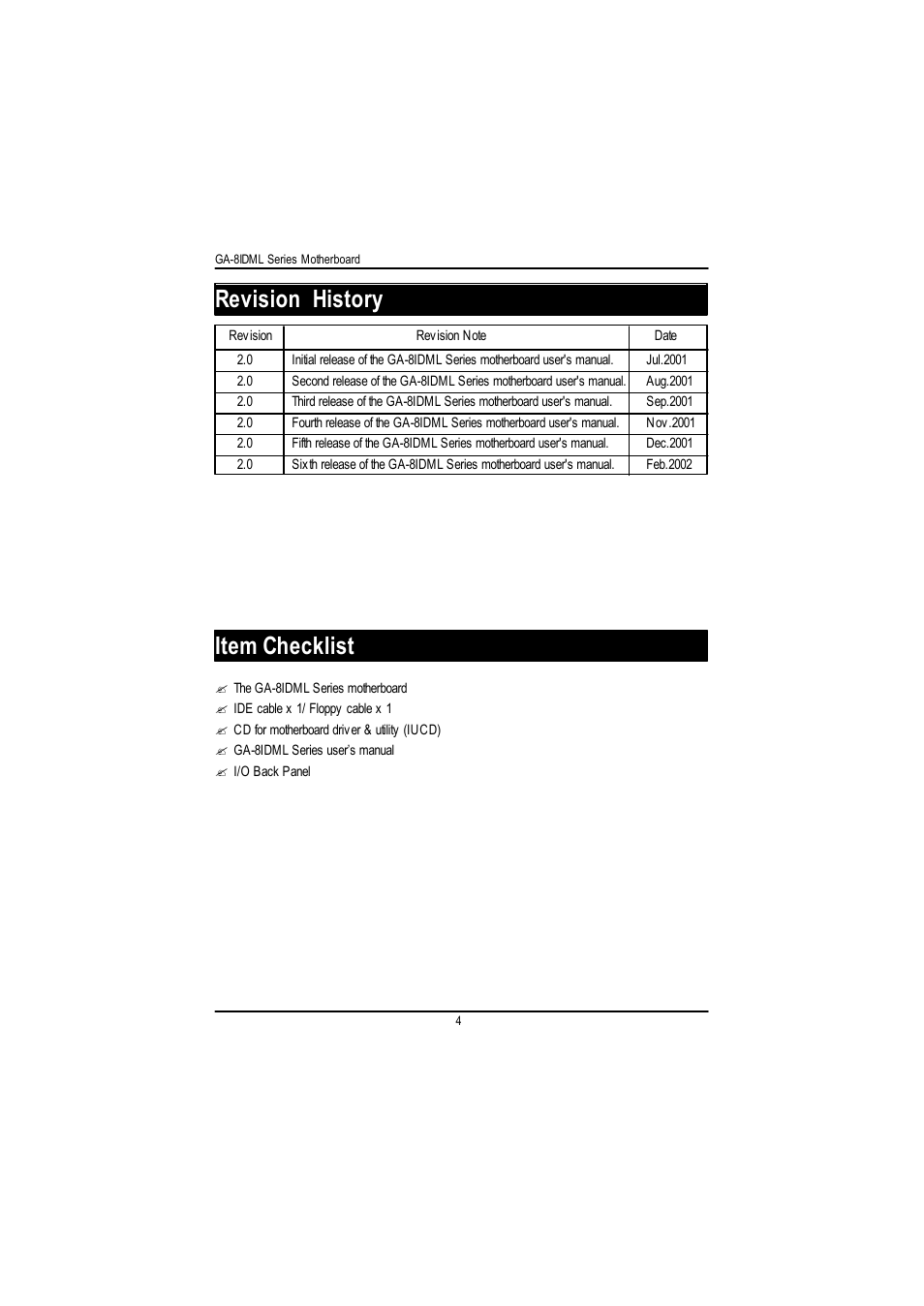 Revision history item checklist | GIGABYTE GA-8IDML User Manual | Page 8 / 67