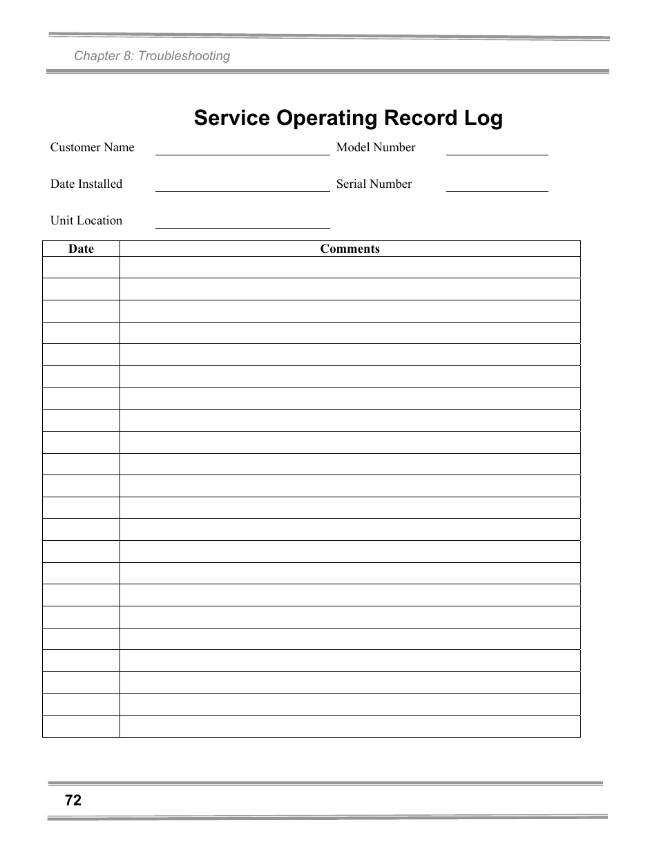Service operating record log | Gentek 3940302 User Manual | Page 77 / 101