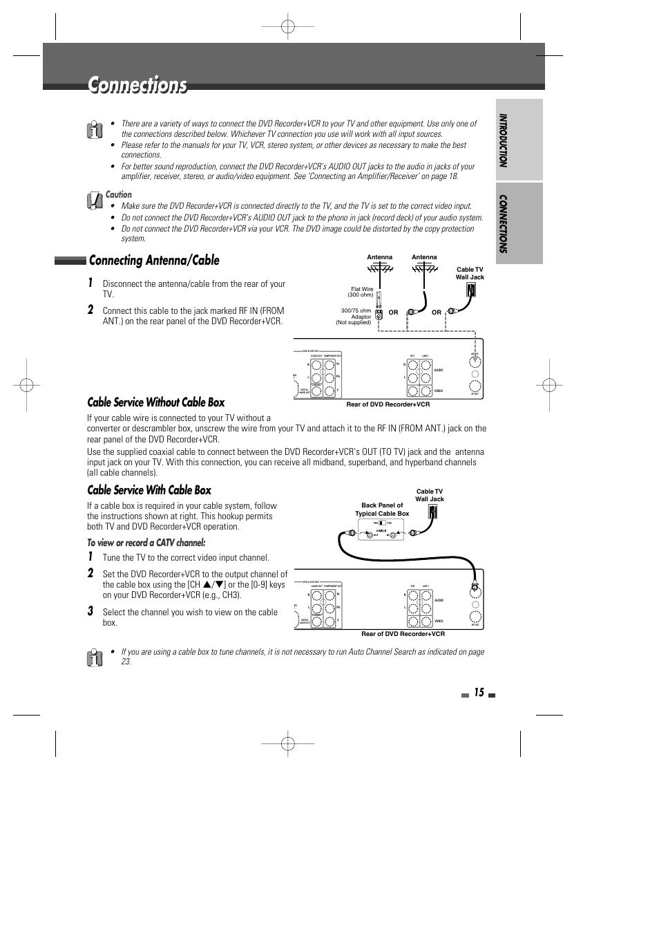 Connections, Connecting antenna/cable, Cable service without cable box | Cable service with cable box, Introduction, Tune the tv to the correct video input channel, Caution | Go-Video VR2945 User Manual | Page 16 / 67