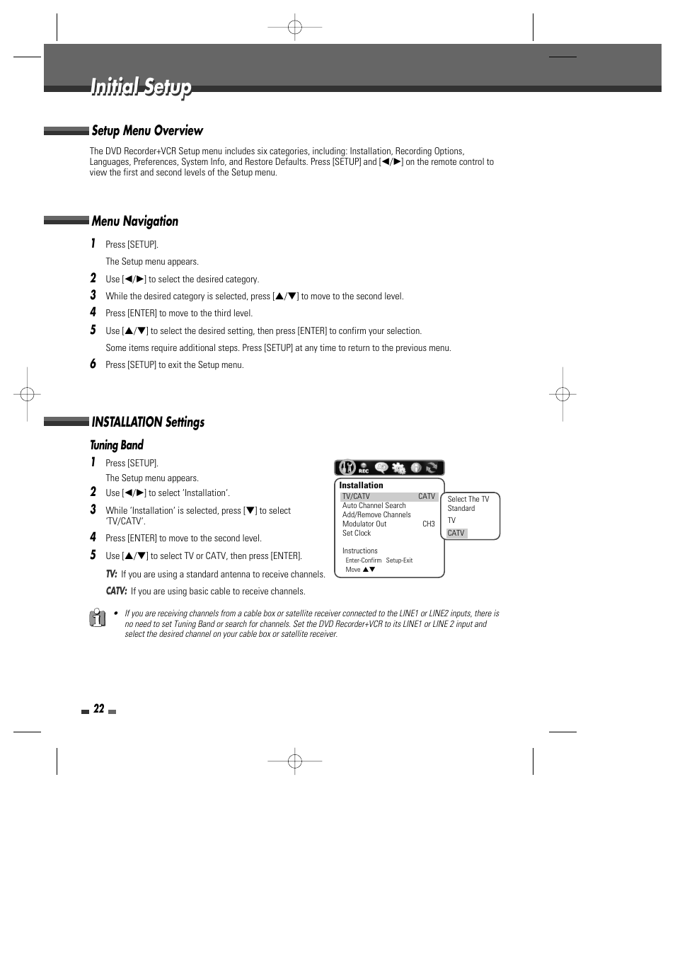 Initial setup, Setup menu overview, Menu navigation | Installation settings | Go-Video VR2945 User Manual | Page 23 / 67
