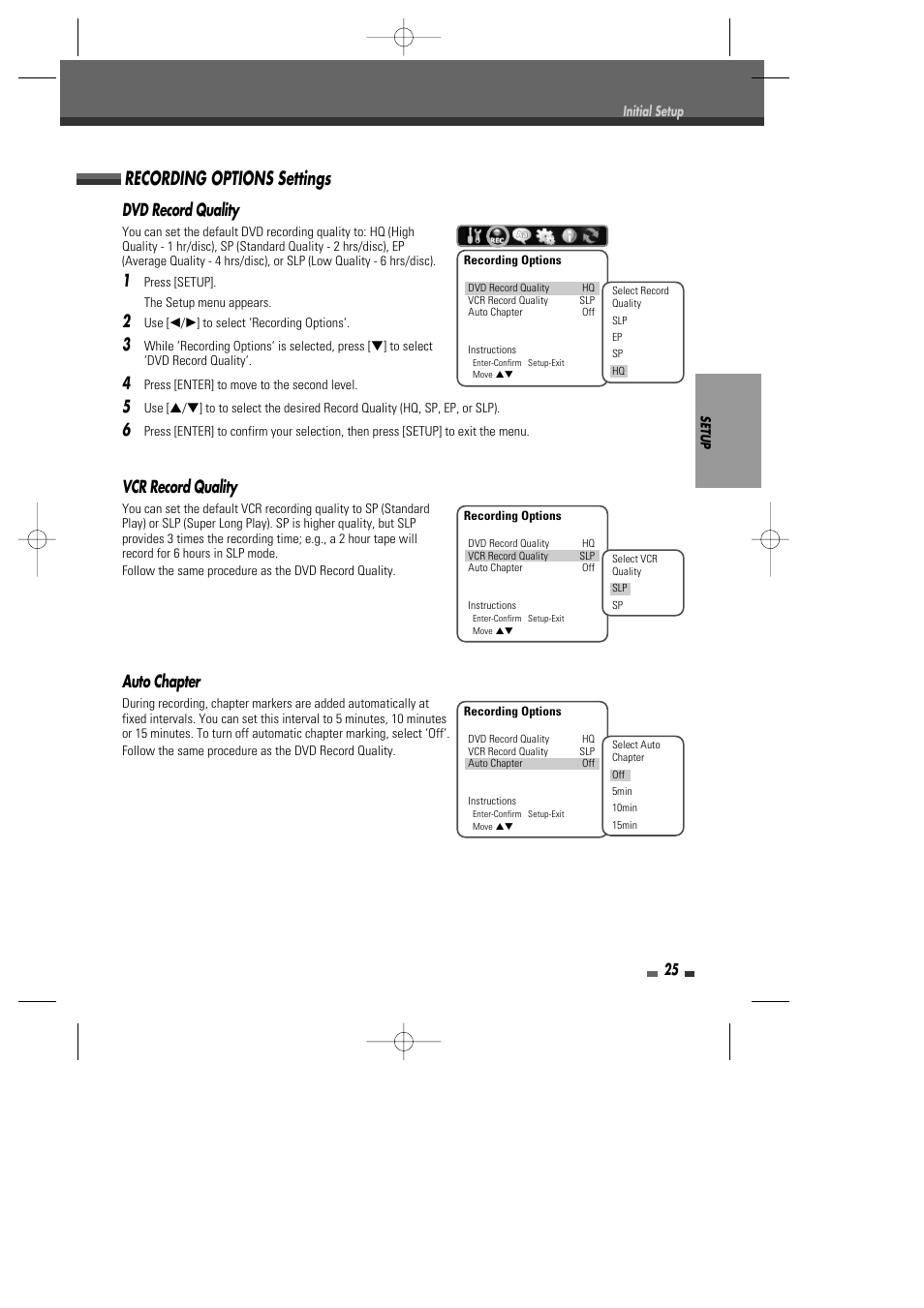 Recording options settings, Vcr record quality, Auto chapter | Dvd record quality | Go-Video VR2945 User Manual | Page 26 / 67
