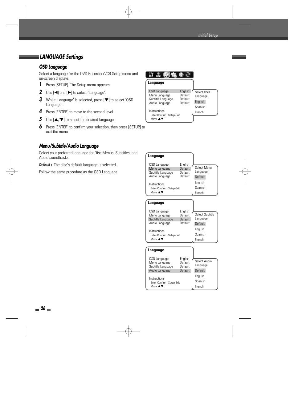 Language settings, Osd language, Menu/subtitle/audio language | Go-Video VR2945 User Manual | Page 27 / 67