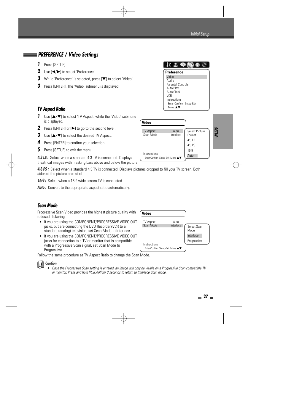 Preference / video settings, Tv aspect ratio 1, Scan mode | Go-Video VR2945 User Manual | Page 28 / 67