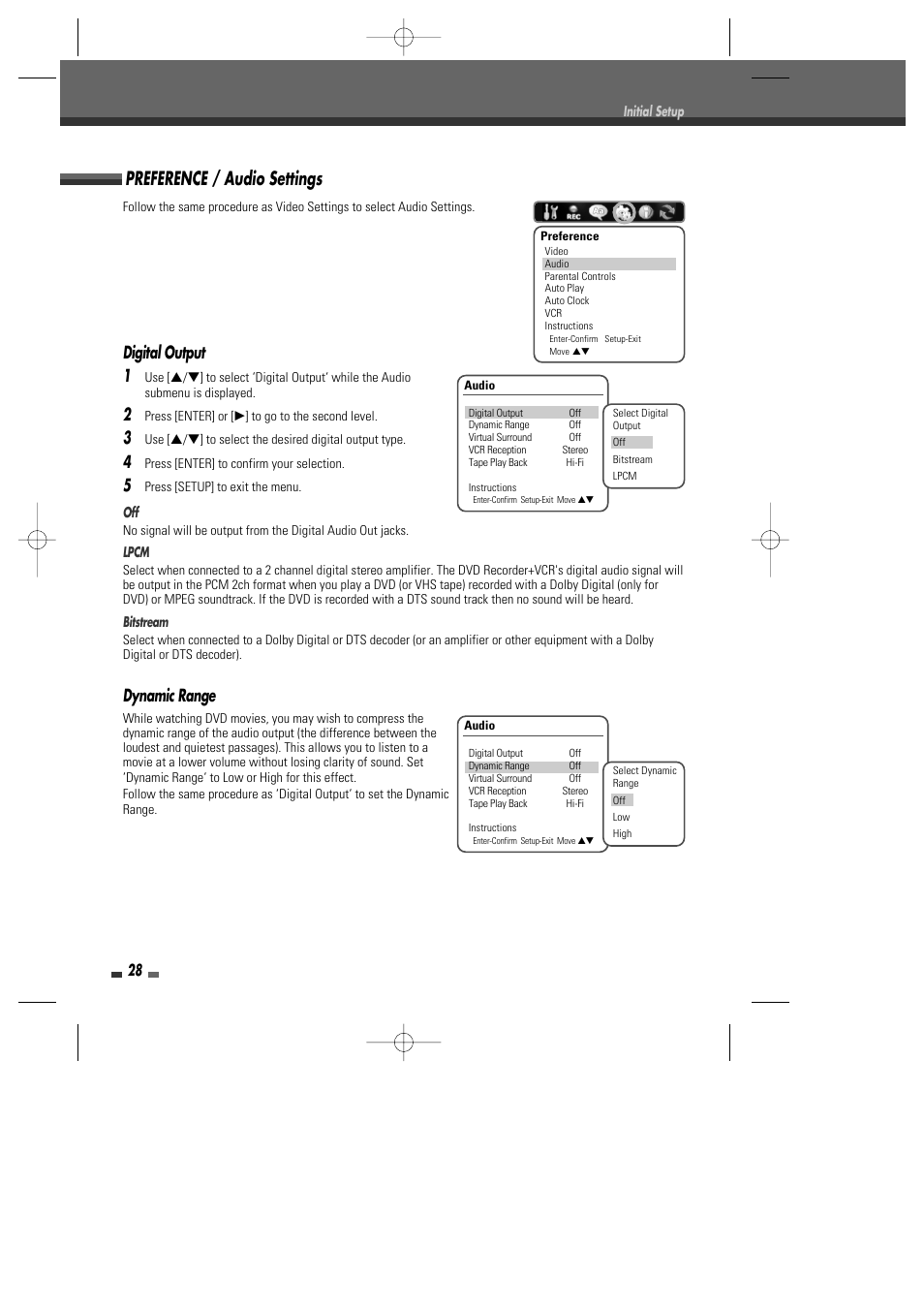 Preference / audio settings, Digital output 1, Dynamic range | Go-Video VR2945 User Manual | Page 29 / 67