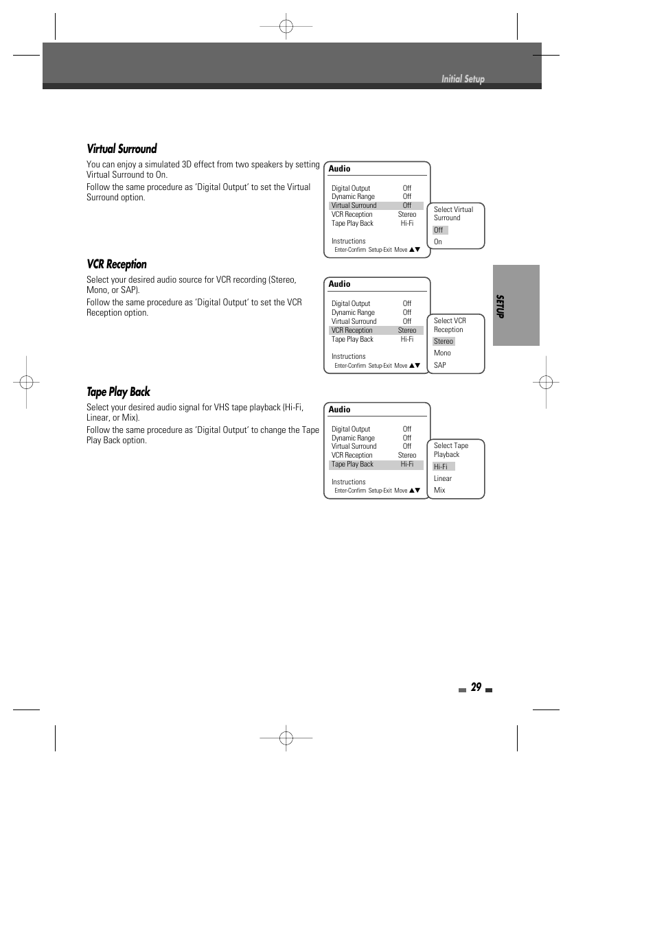 Virtual surround, Vcr reception, Tape play back | Go-Video VR2945 User Manual | Page 30 / 67