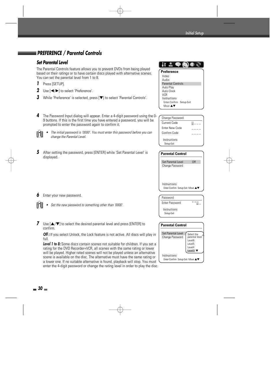 Preference / parental controls, Set parental level | Go-Video VR2945 User Manual | Page 31 / 67