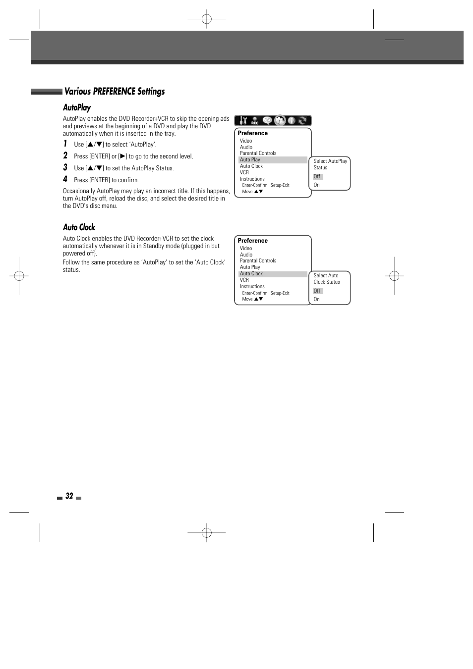 Various preference settings, Autoplay, Auto clock | Go-Video VR2945 User Manual | Page 33 / 67