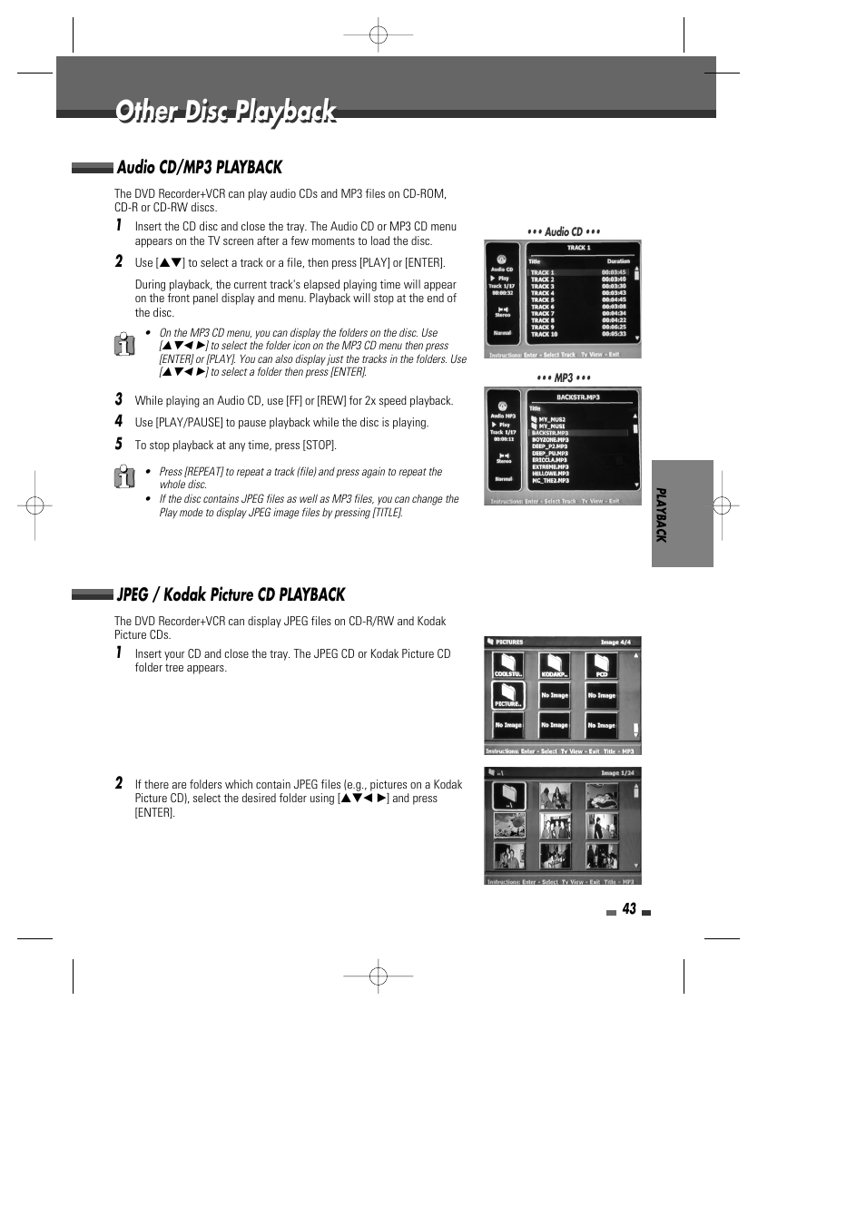 Other disc playback, Audio cd/mp3 playback, Jpeg / kodak picture cd playback | Go-Video VR2945 User Manual | Page 44 / 67