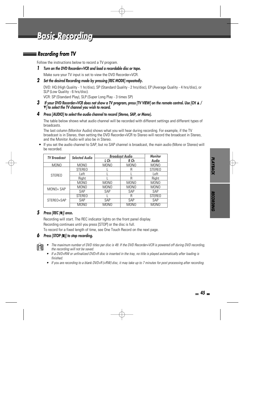 Basic recording, Recording from tv | Go-Video VR2945 User Manual | Page 46 / 67