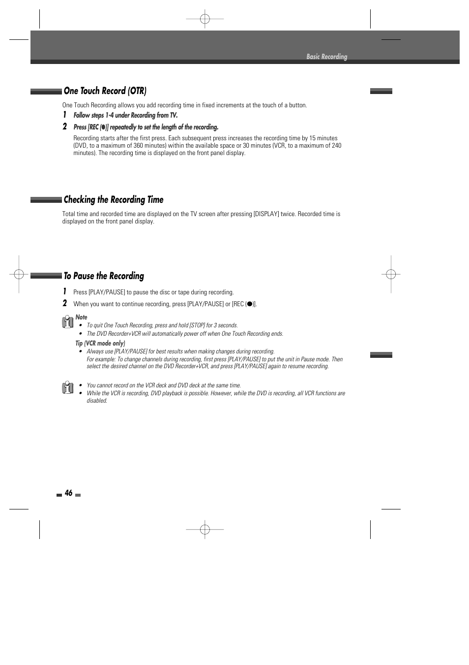 Checking the recording time, One touch record (otr) | Go-Video VR2945 User Manual | Page 47 / 67