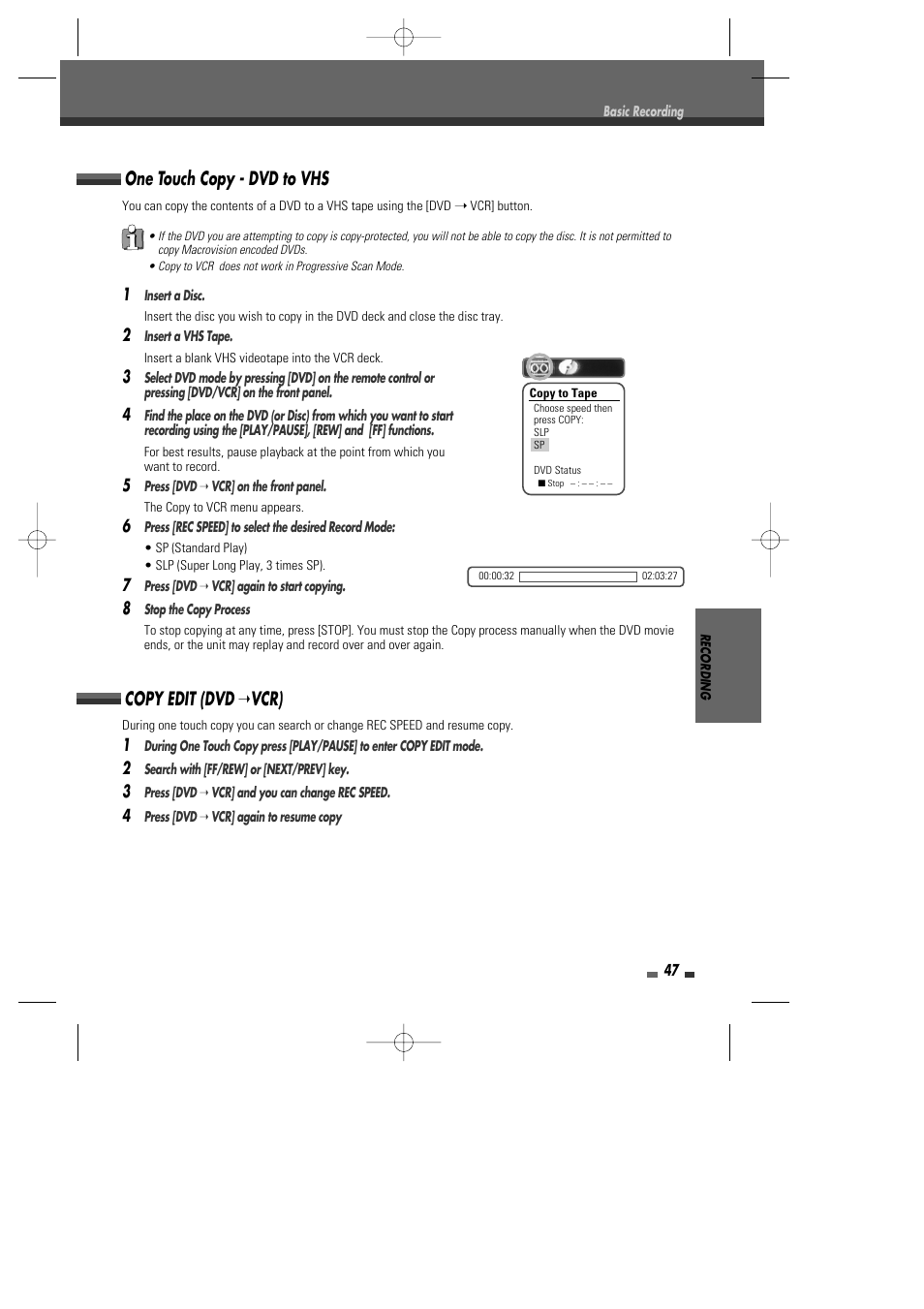 One touch copy - dvd to vhs, Copy edit (dvd ➝ vcr) | Go-Video VR2945 User Manual | Page 48 / 67
