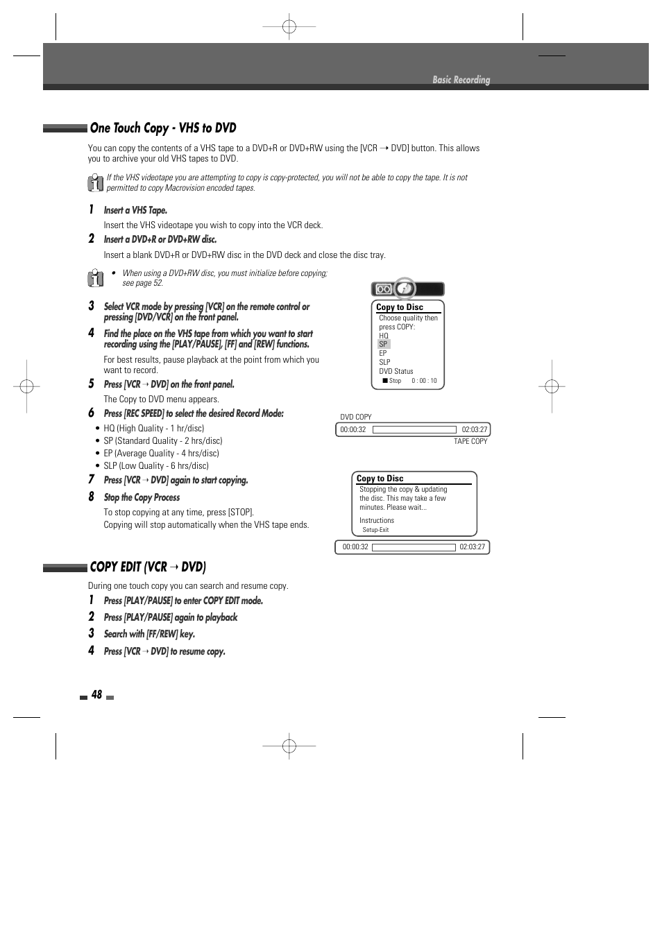 One touch copy - vhs to dvd, Copy edit (vcr ➝ dvd) | Go-Video VR2945 User Manual | Page 49 / 67