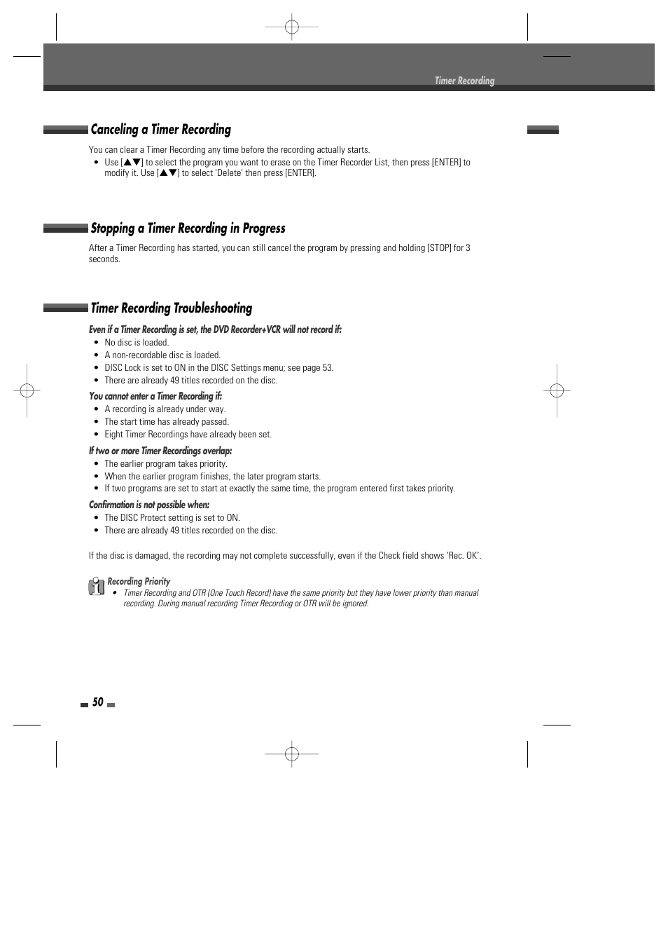 Timer recording troubleshooting, Canceling a timer recording, Stopping a timer recording in progress | Go-Video VR2945 User Manual | Page 51 / 67