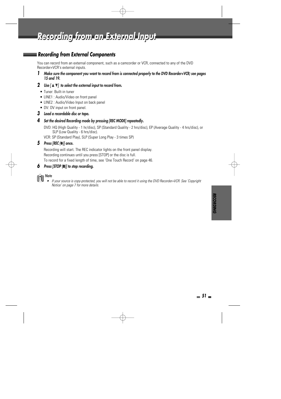 Recording from an external input, Recording from external components | Go-Video VR2945 User Manual | Page 52 / 67