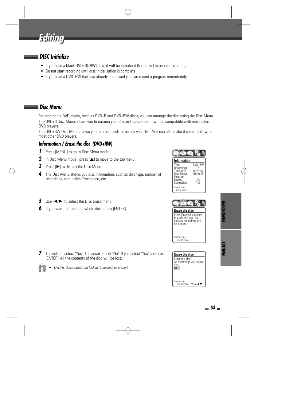 Editing, Disc initialize disc menu, Information / erase the disc (dvd+rw) 1 | Go-Video VR2945 User Manual | Page 54 / 67