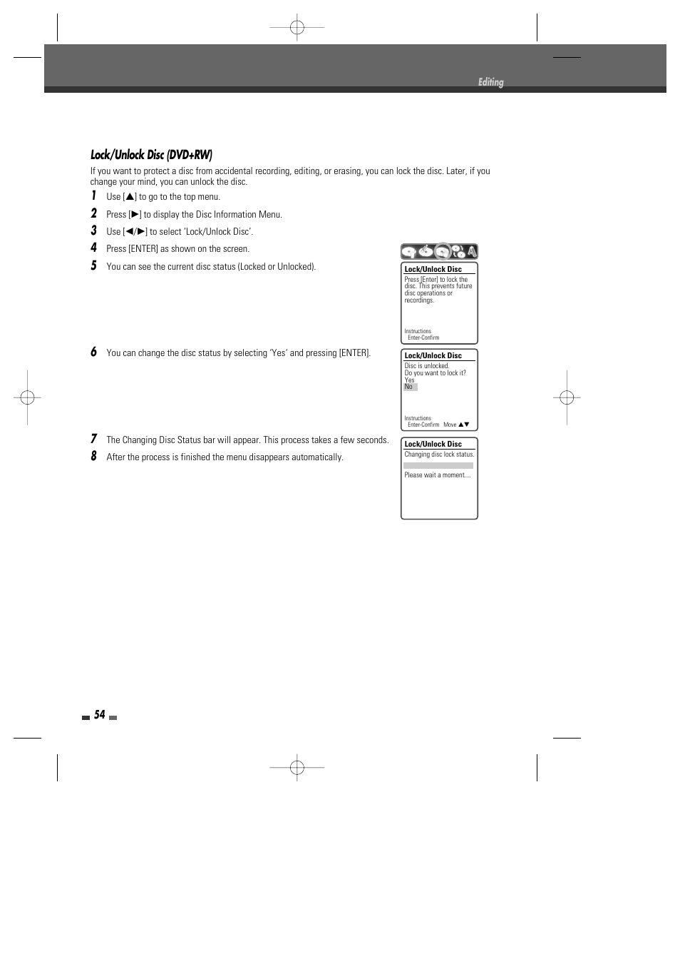 Lock/unlock disc (dvd+rw) | Go-Video VR2945 User Manual | Page 55 / 67