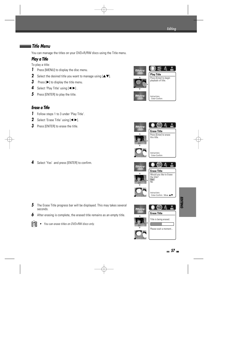 Title menu, Play a title, Erase a title 1 | Go-Video VR2945 User Manual | Page 58 / 67