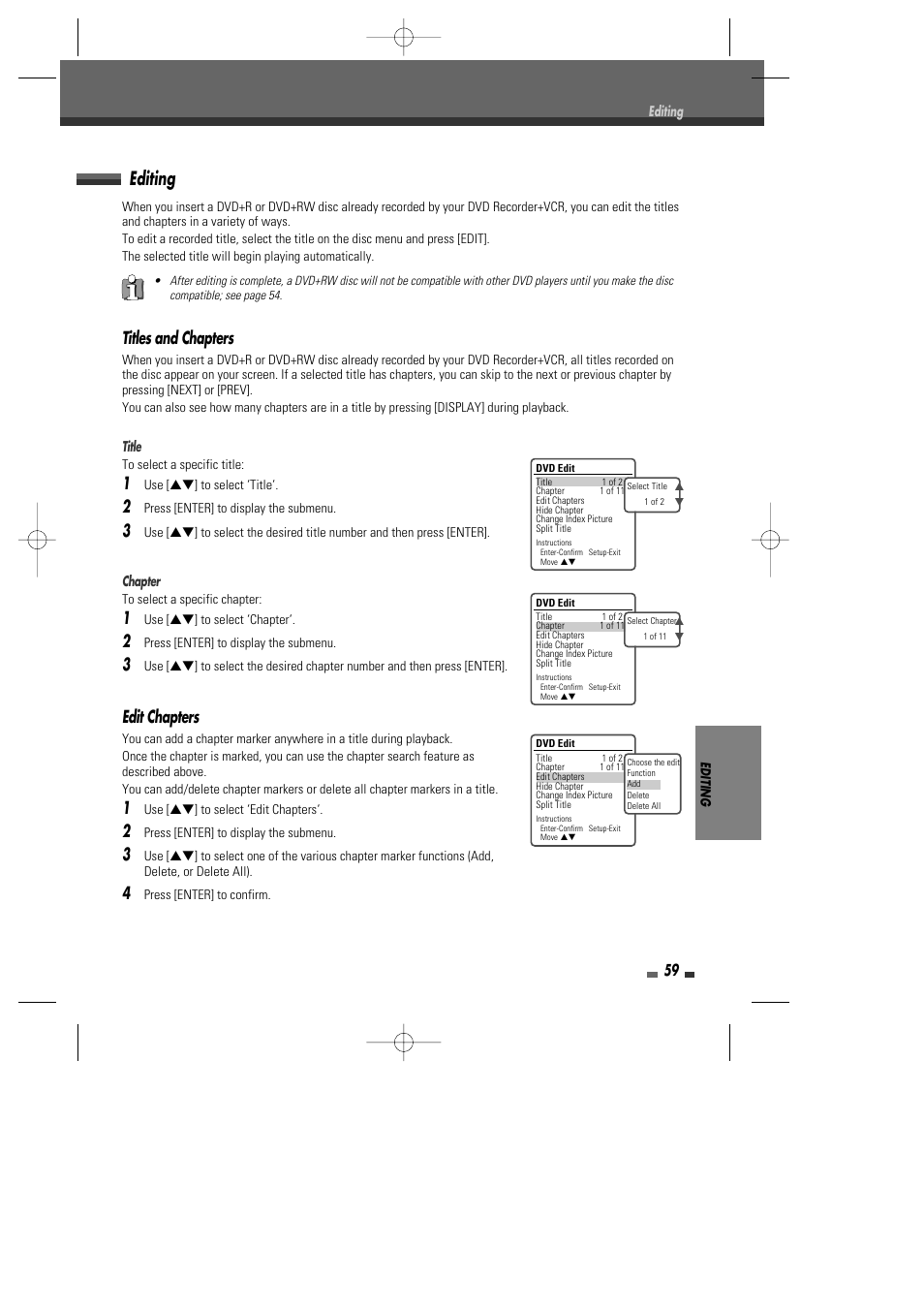 Editing, Titles and chapters, Edit chapters | Go-Video VR2945 User Manual | Page 60 / 67