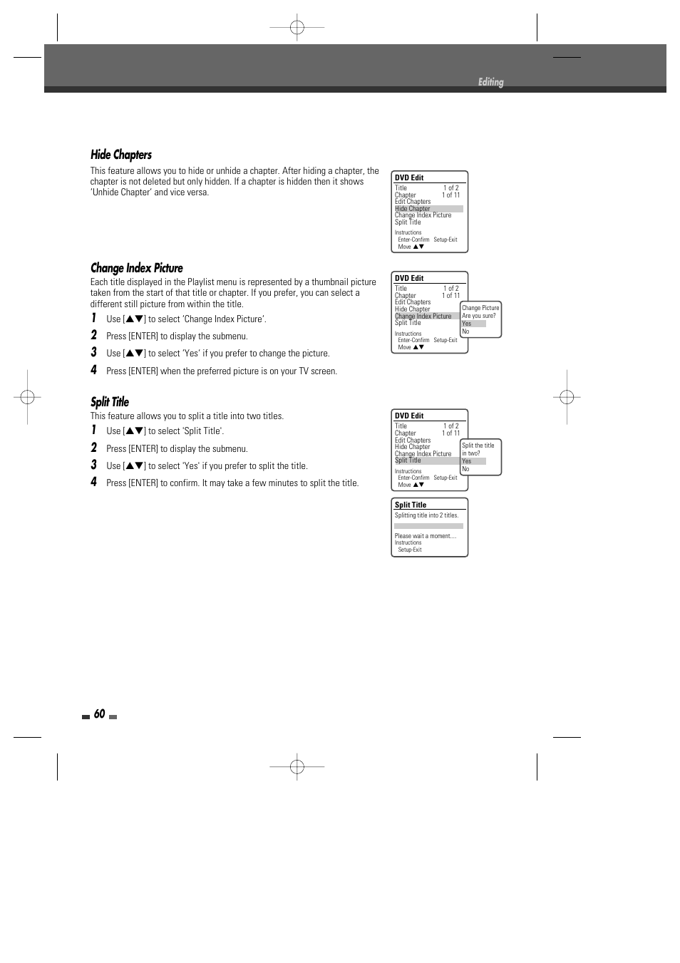 Hide chapters, Change index picture, Split title | Go-Video VR2945 User Manual | Page 61 / 67