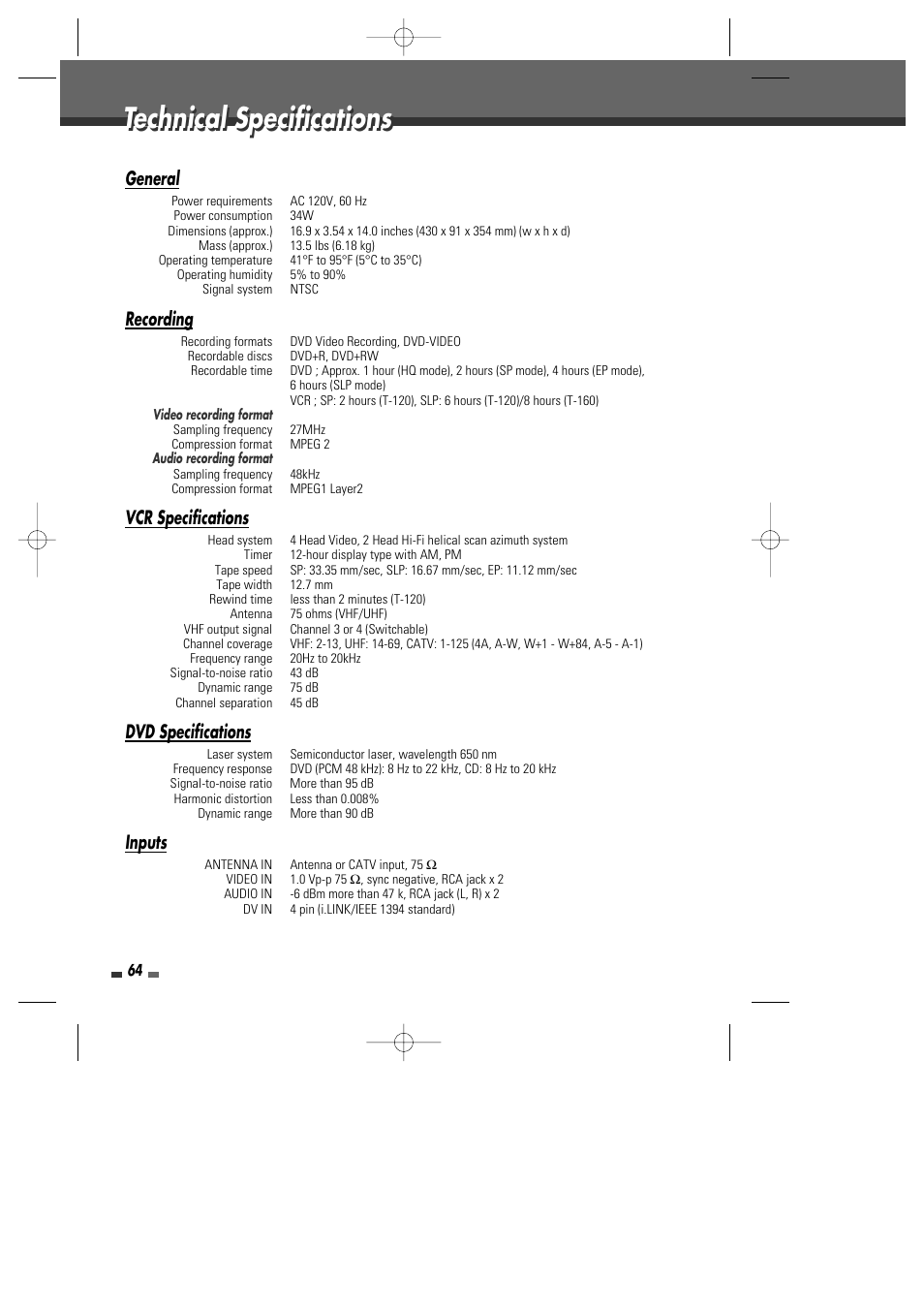 Technical specifications, General, Recording | Vcr specifications, Dvd specifications, Inputs | Go-Video VR2945 User Manual | Page 65 / 67