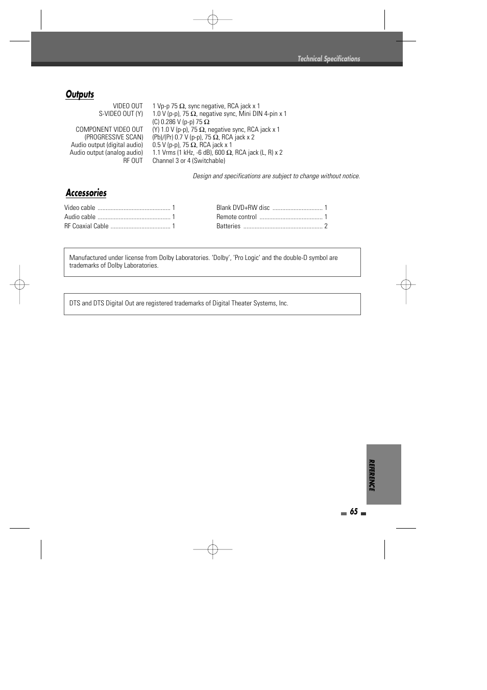 Accessories, Outputs | Go-Video VR2945 User Manual | Page 66 / 67