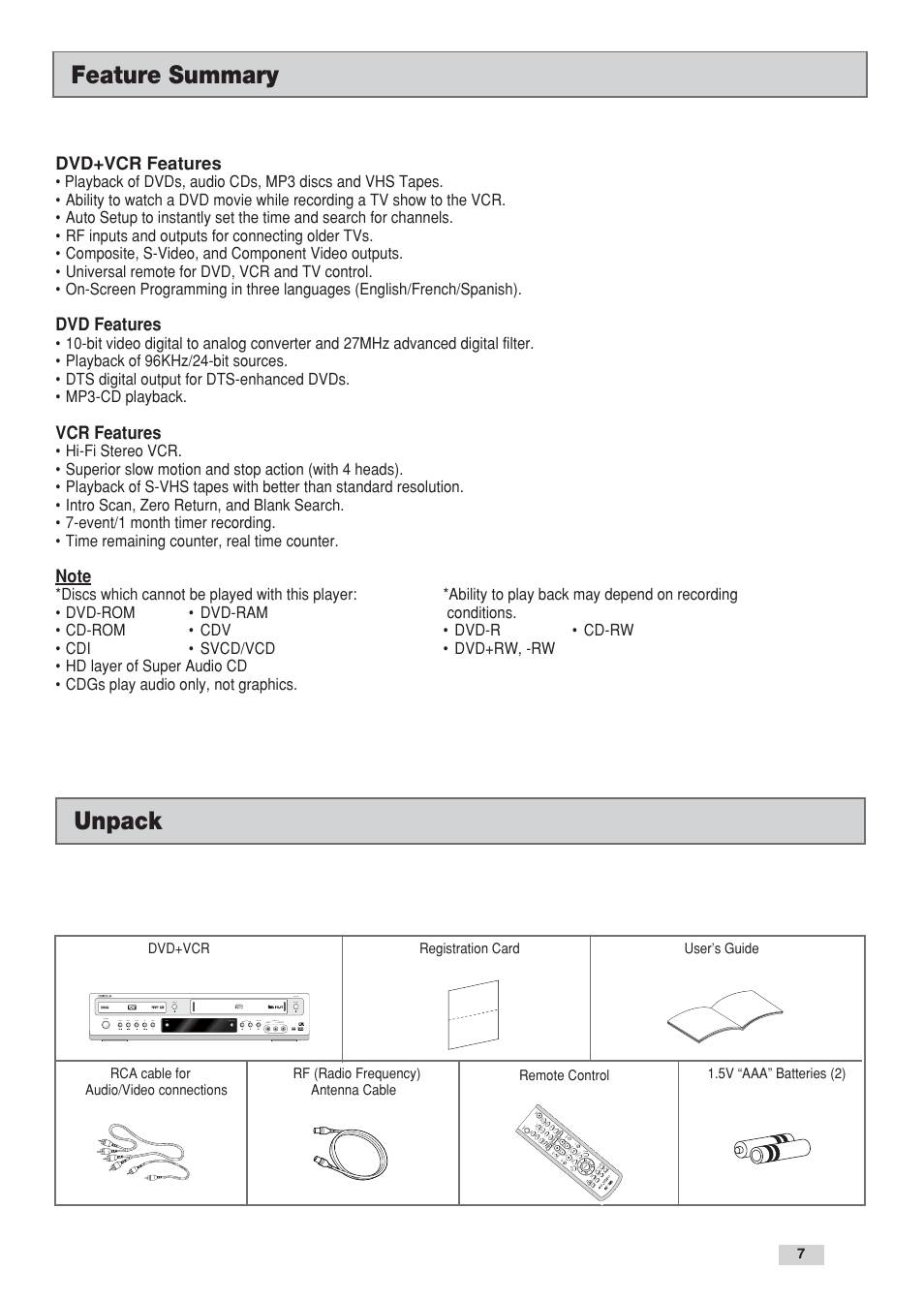 Feature summary, Unpack, Dvd+vcr features | Dvd features, Vcr features | Go-Video DV2130 User Manual | Page 7 / 66