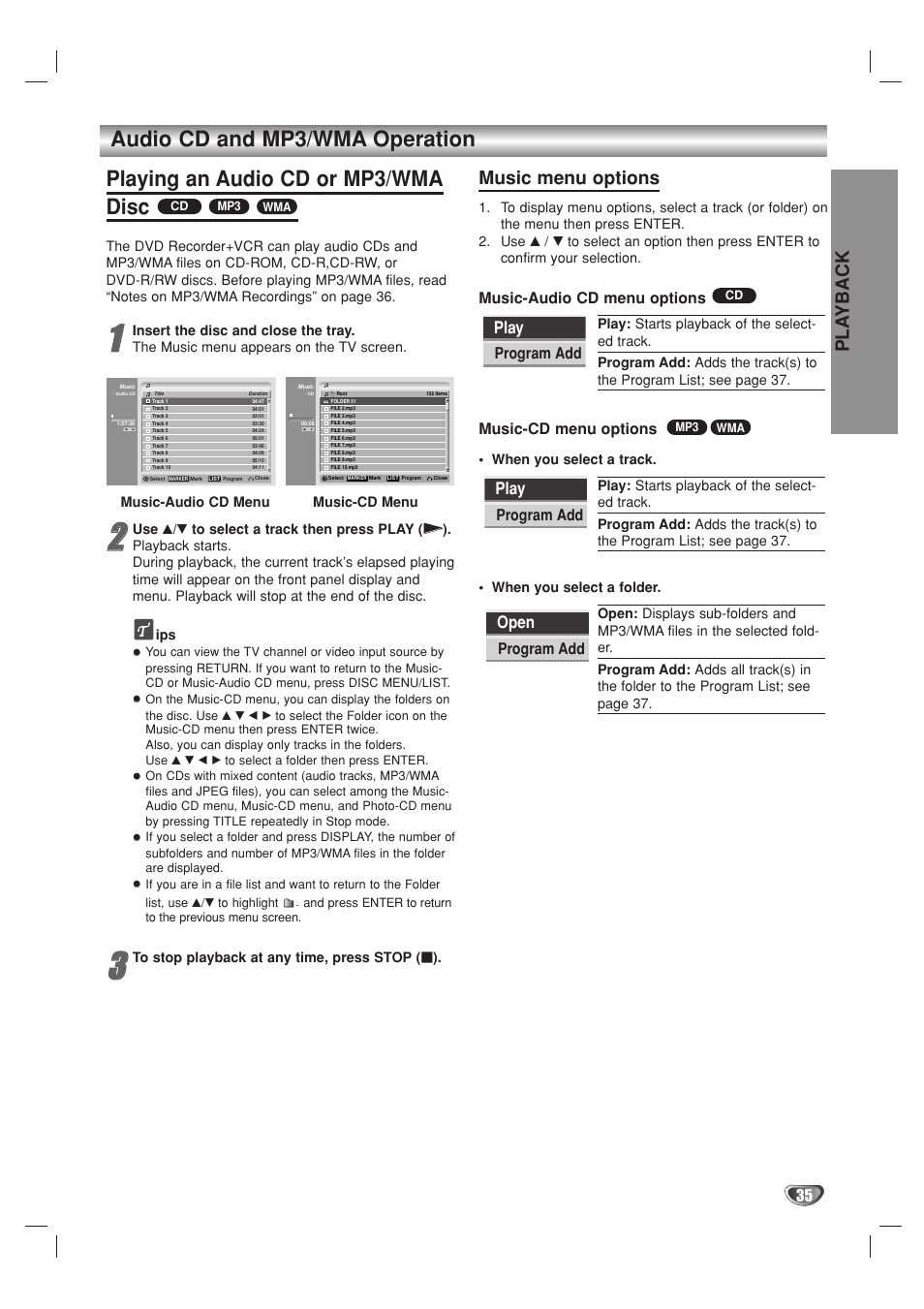 Pla yback, Music menu options, Play | Open, Music-audio cd menu options, Music-cd menu options, Program add | Go-Video VR3840 User Manual | Page 35 / 62