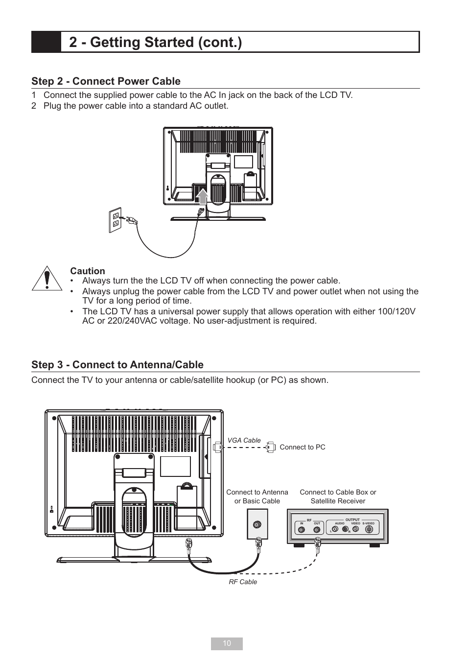 2 - getting started (cont.), Step 3 - connect to antenna/cable, Step 2 - connect power cable | Caution | Go-Video T2040 User Manual | Page 10 / 22