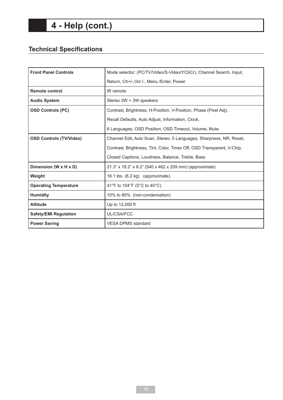 4 - help (cont.), Technical speciﬁcations | Go-Video T2040 User Manual | Page 19 / 22