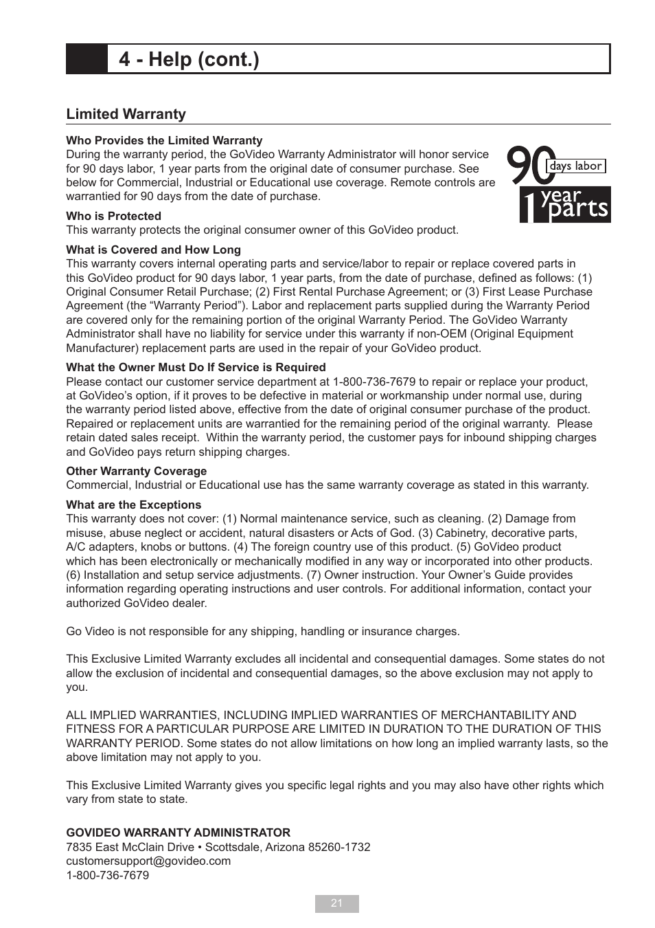 4 - help (cont.), Limited warranty | Go-Video T2040 User Manual | Page 21 / 22