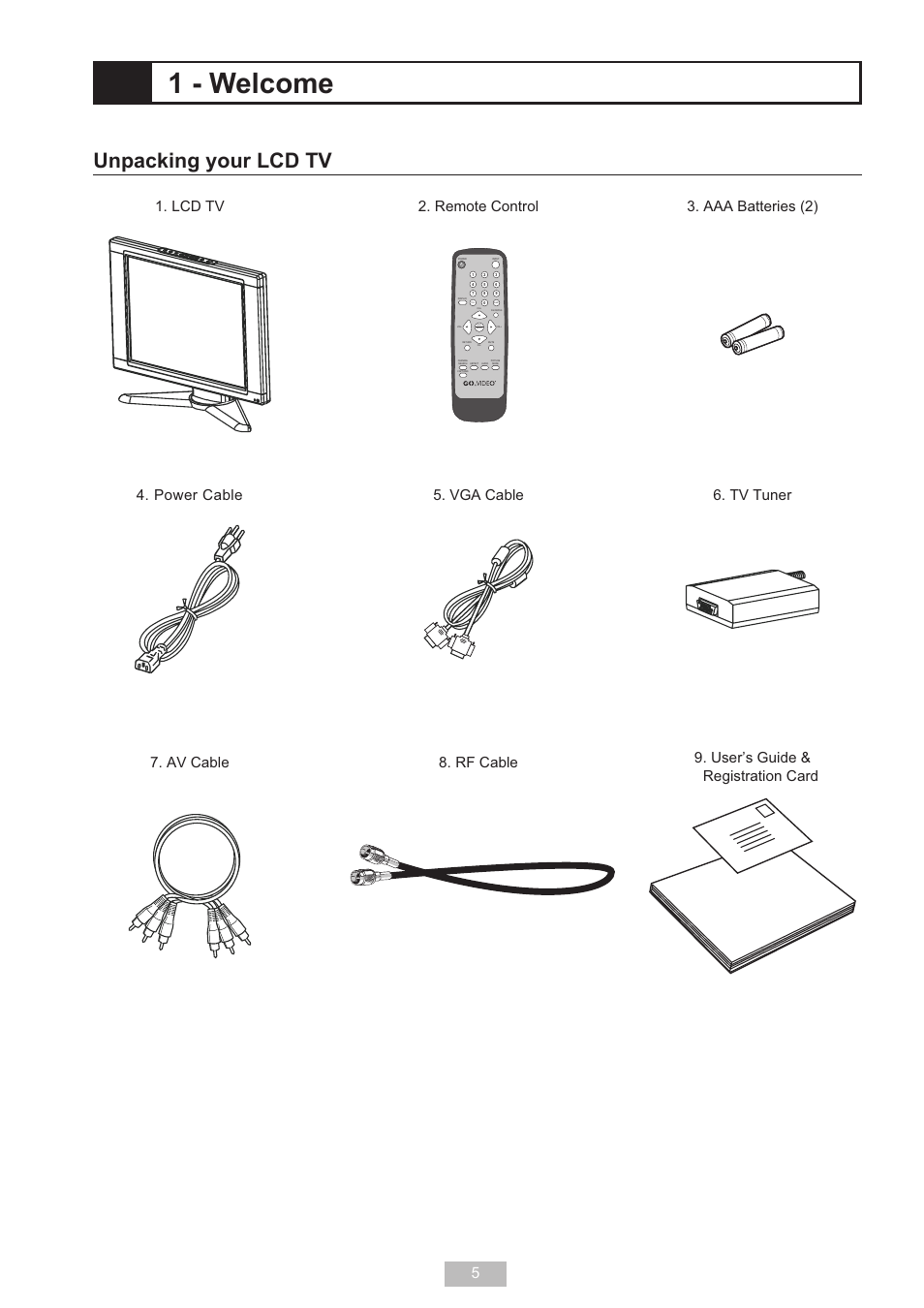 1 - welcome, Unpacking your lcd tv, Menu enter | Go-Video T2040 User Manual | Page 5 / 22