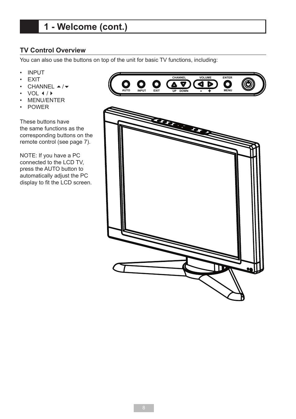 1 - welcome (cont.), Tv control overview | Go-Video T2040 User Manual | Page 8 / 22