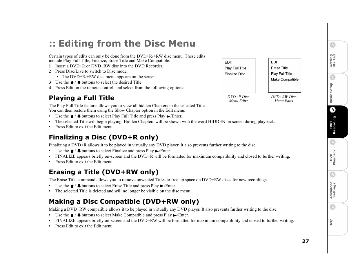 Editing from the disc menu, 2 press disc/live to switch to disc mode, 3 use the / buttons to select the desired title | Playing a full title, Finalizing a disc (dvd+r only), Erasing a title (dvd+rw only), Making a disc compatible (dvd+rw only) | Go-Video R6530 User Manual | Page 27 / 60
