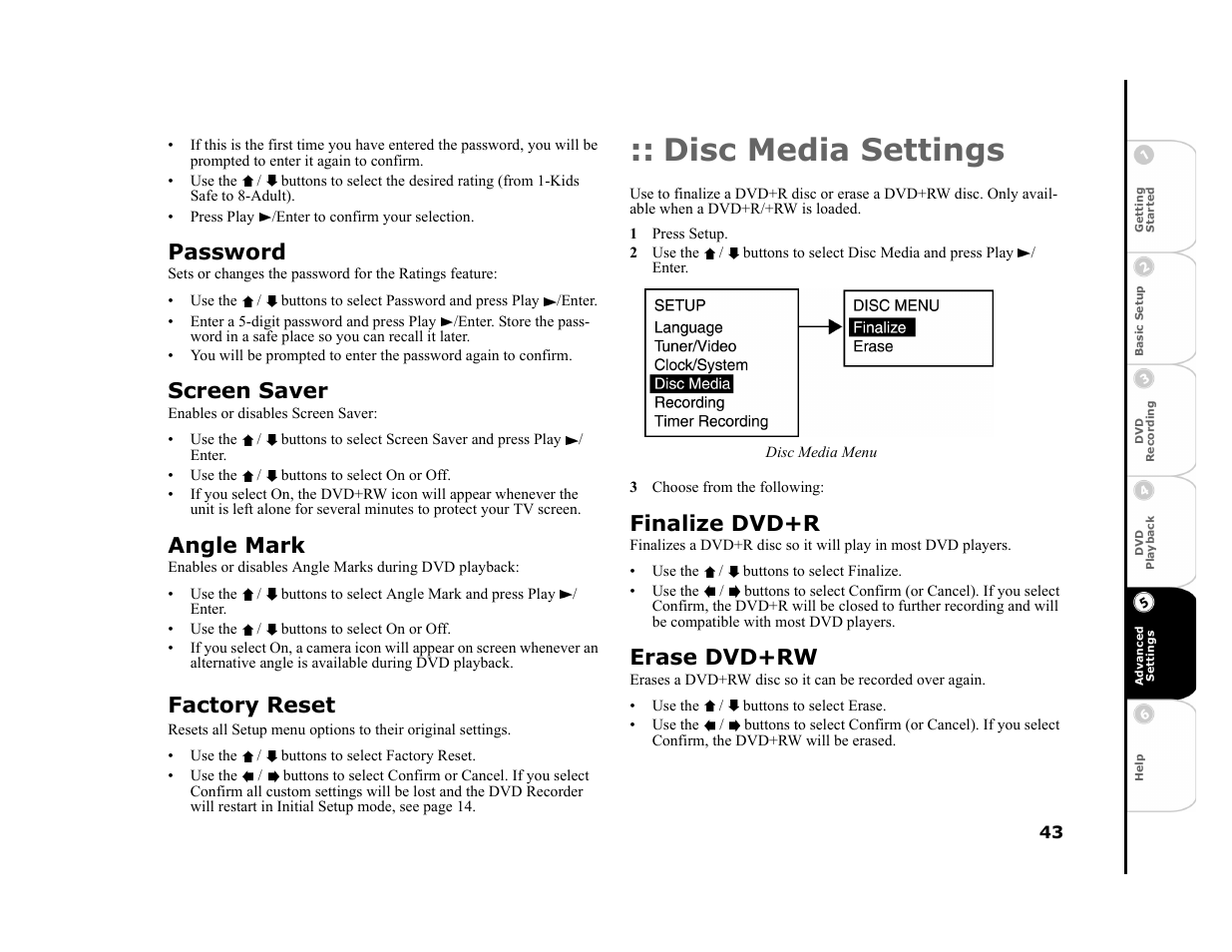 Password, Screen saver, Angle mark | Factory reset, Disc media settings, 1 press setup, 3 choose from the following, Finalize dvd+r, Erase dvd+rw | Go-Video R6530 User Manual | Page 43 / 60