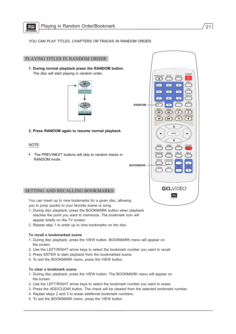 21 playing in random order/bookmark, Playing titles in random order, Setting and recalling bookmarks | Go-Video R 6640 User Manual | Page 22 / 40