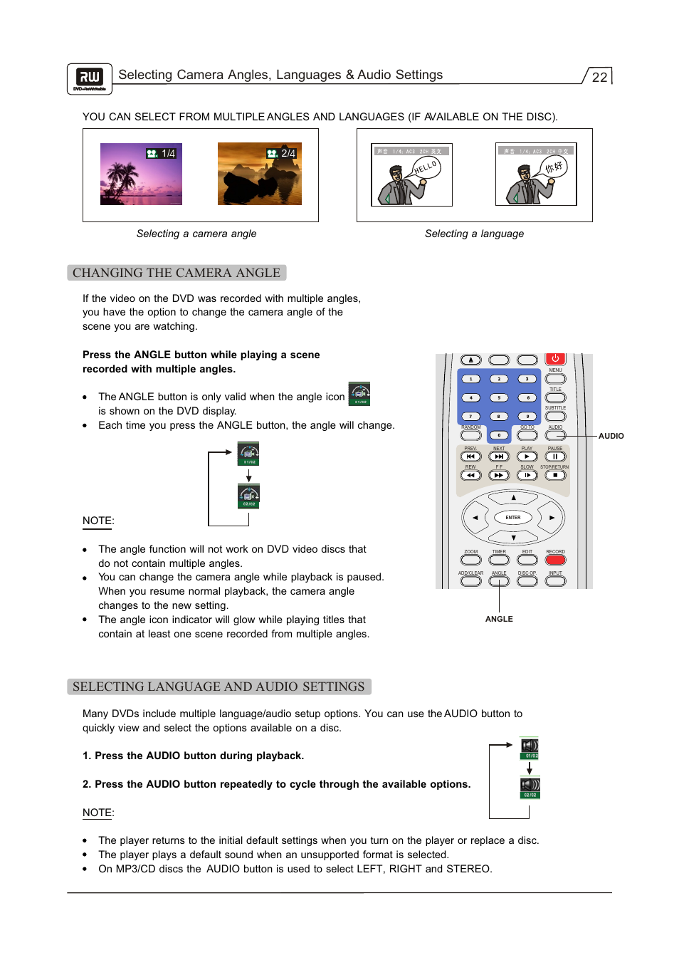 Changing the camera angle, Selecting language and audio settings | Go-Video R 6640 User Manual | Page 23 / 40