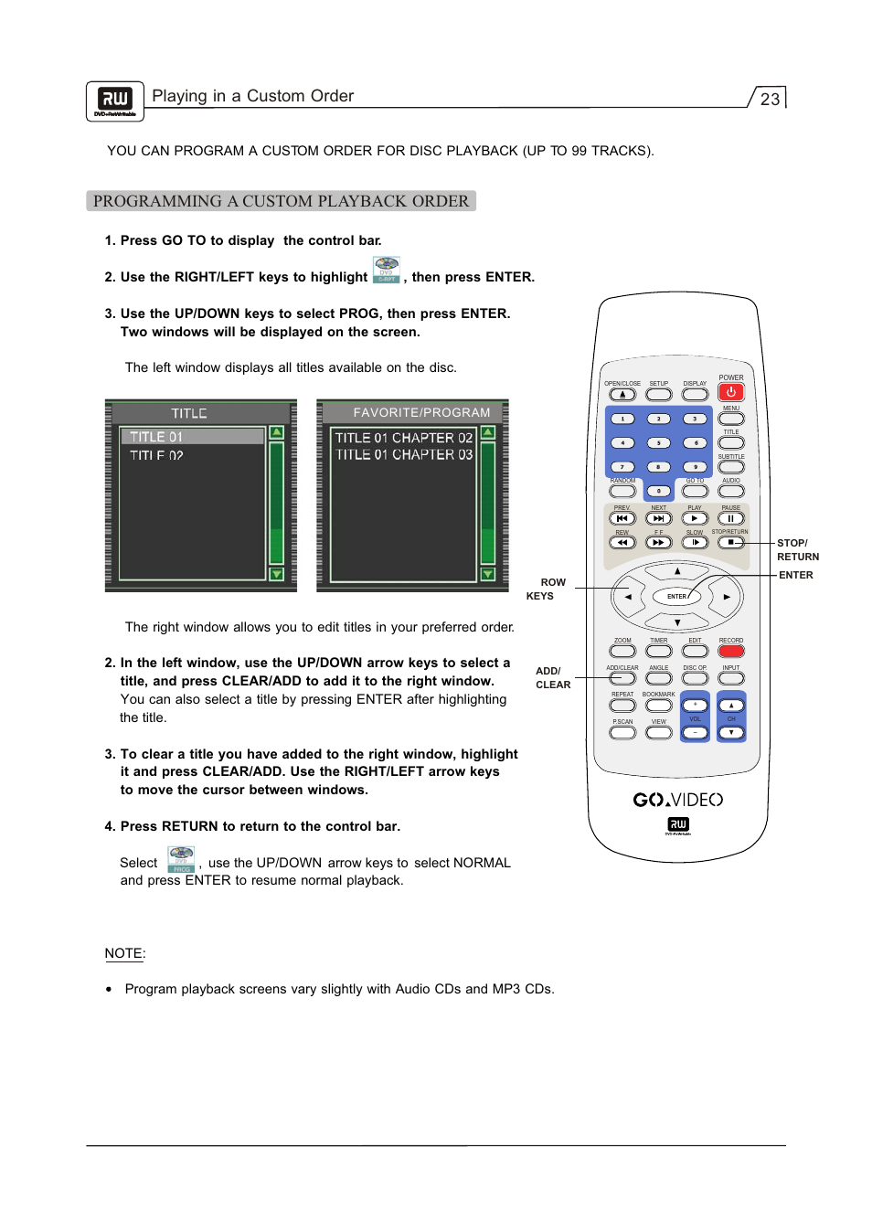 23 playing in a custom order, Programming a custom playback order, Favorite/program | Go-Video R 6640 User Manual | Page 24 / 40