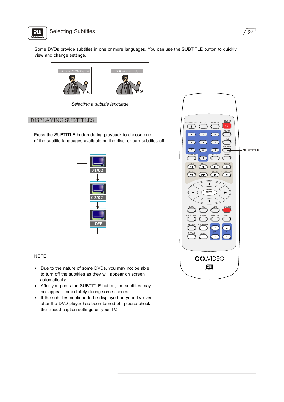 24 selecting subtitles displaying subtitles | Go-Video R 6640 User Manual | Page 25 / 40