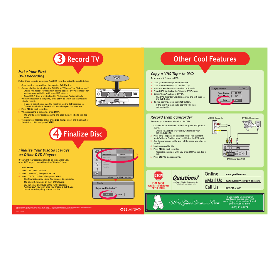 Other cool features, Record tv, Finalize disc | Copy a vhs tape to dvd, Record from camcorder | Go-Video VR3845 User Manual | Page 2 / 2